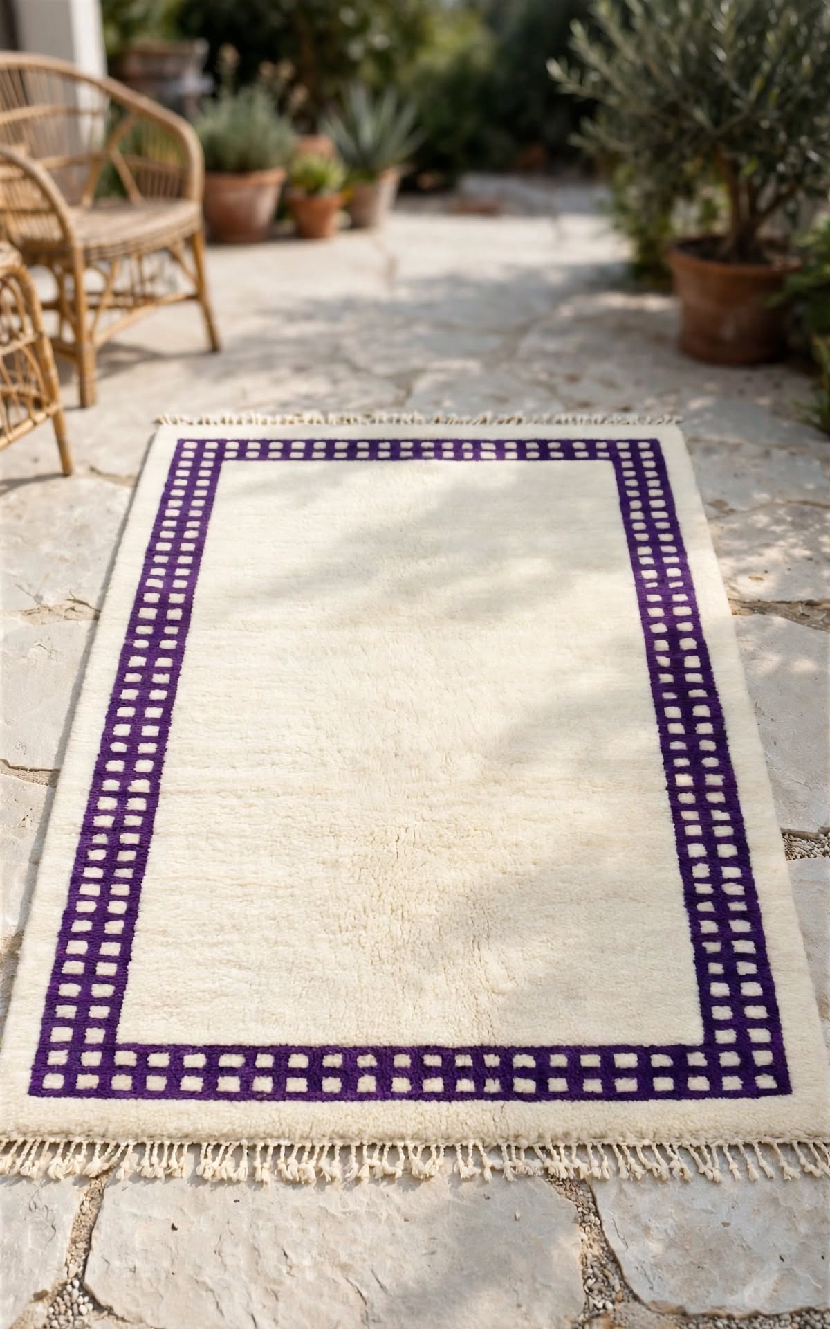 Cream Ivory Moroccan Berber Wool Rug with Lavender Purple Border, handmade in Bhadohi India – photo 8