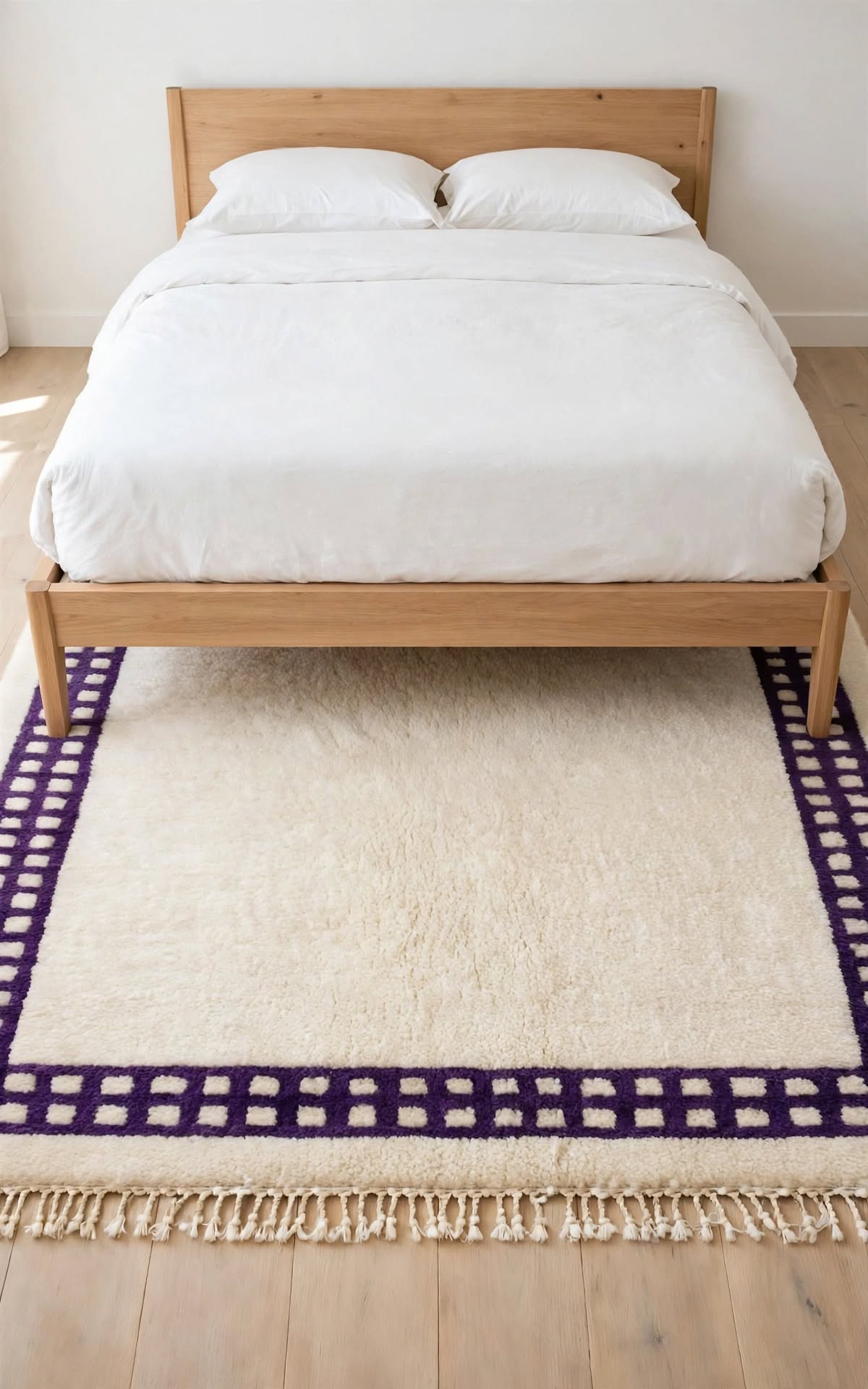 Cream Ivory Moroccan Berber Wool Rug with Lavender Purple Border, handmade in Bhadohi India – photo 1