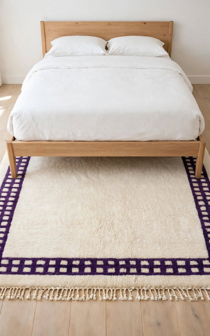 Cream Ivory Moroccan Berber Wool Rug with Lavender Purple Border, handmade in Bhadohi India – photo 1