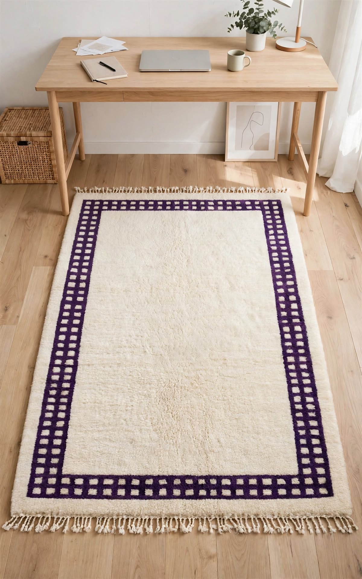 Cream Ivory Moroccan Berber Wool Rug with Lavender Purple Border, handmade in Bhadohi India – photo 10