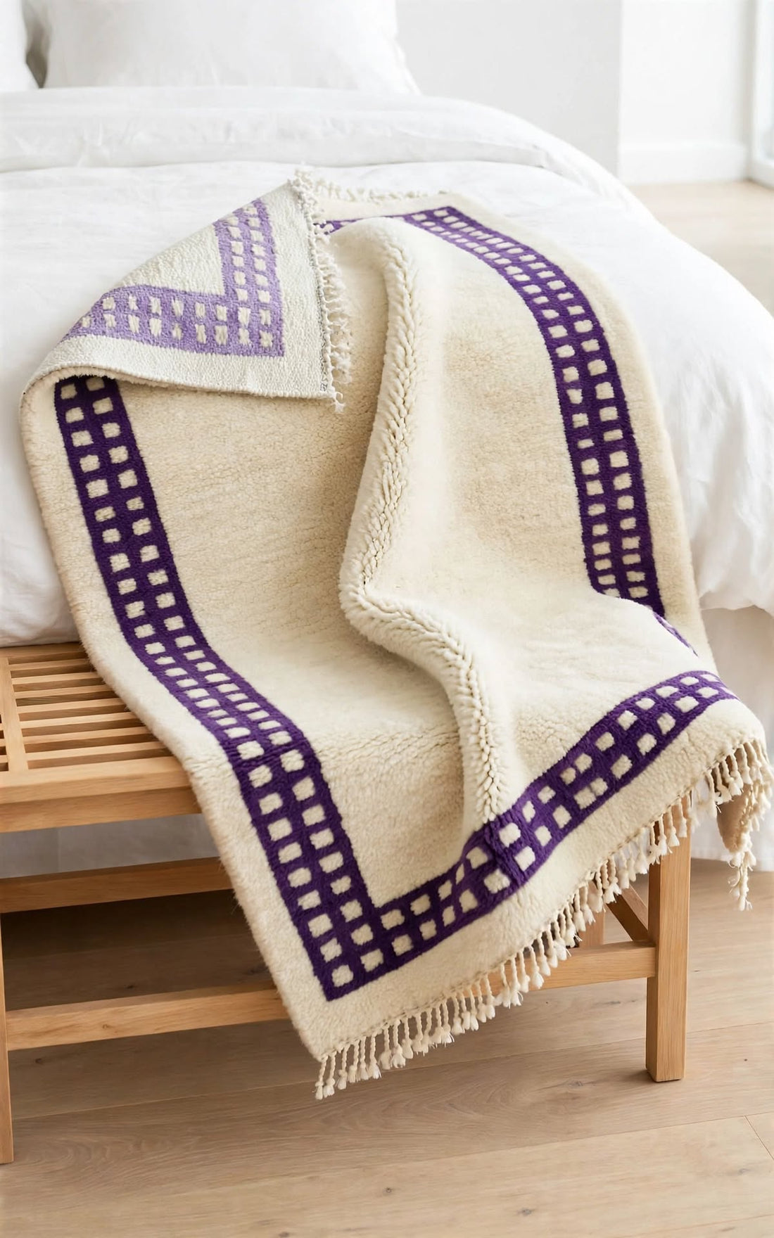 Cream Ivory Moroccan Berber Wool Rug with Lavender Purple Border, handmade in Bhadohi India – photo 11