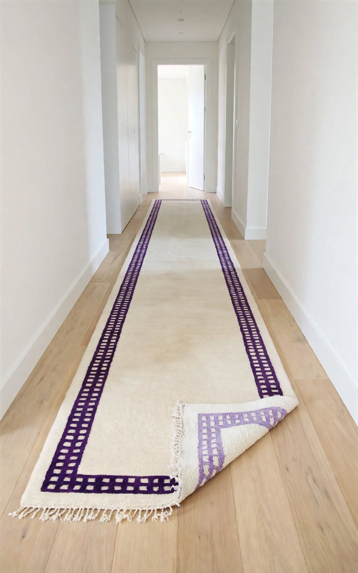 Cream Ivory Moroccan Berber Wool Rug with Lavender Purple Border, handmade in Bhadohi India – photo 12