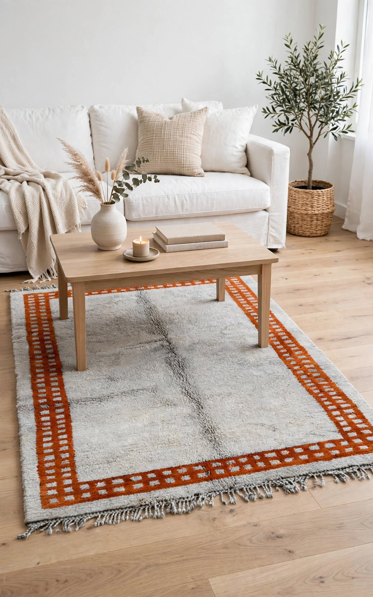 Cream Ivory Moroccan Berber Wool Rug with Sunset Orange Border, handmade in Bhadohi India – photo 9