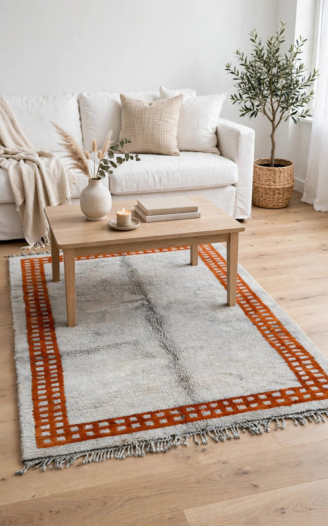 Cream Ivory Moroccan Berber Wool Rug with Sunset Orange Border, handmade in Bhadohi India – photo 9