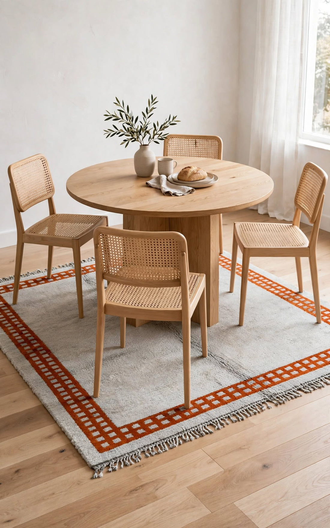Cream Ivory Moroccan Berber Wool Rug with Sunset Orange Border, handmade in Bhadohi India – photo 10