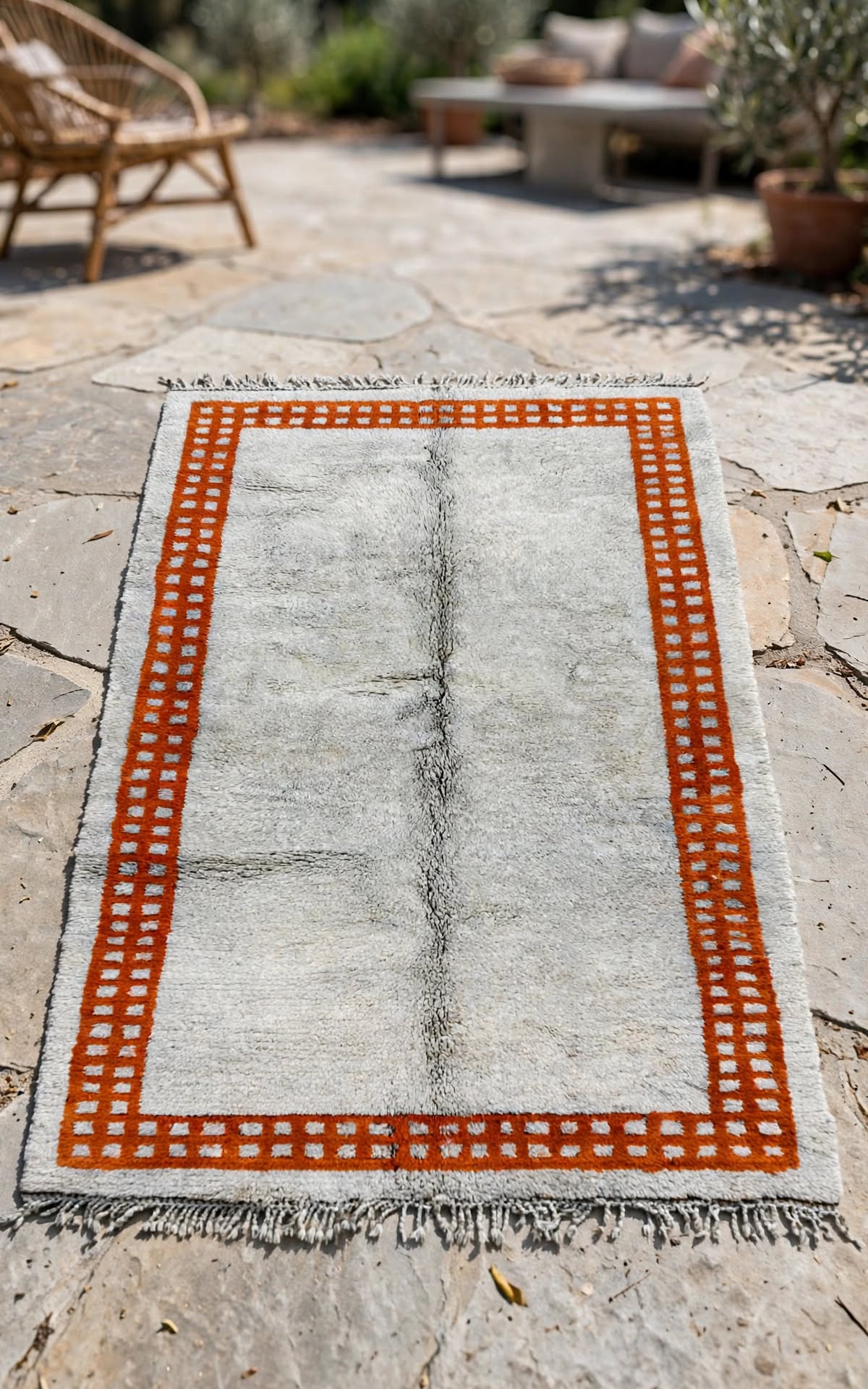 Cream Ivory Moroccan Berber Wool Rug with Sunset Orange Border, handmade in Bhadohi India – photo 11