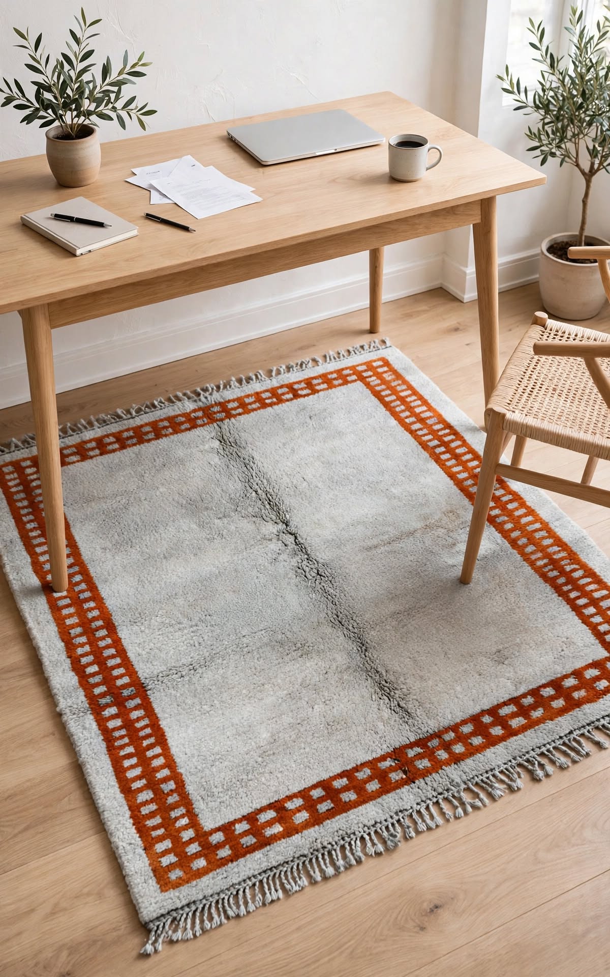 Cream Ivory Moroccan Berber Wool Rug with Sunset Orange Border, handmade in Bhadohi India – photo 12