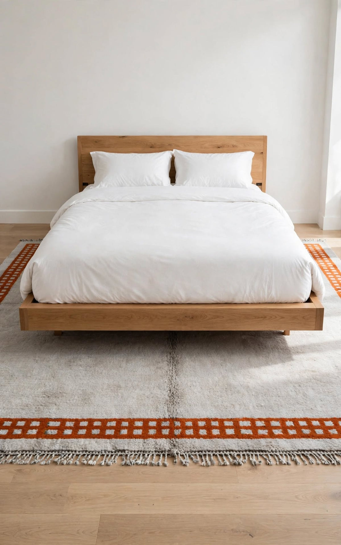 Cream Ivory Moroccan Berber Wool Rug with Sunset Orange Border, handmade in Bhadohi India – photo 1