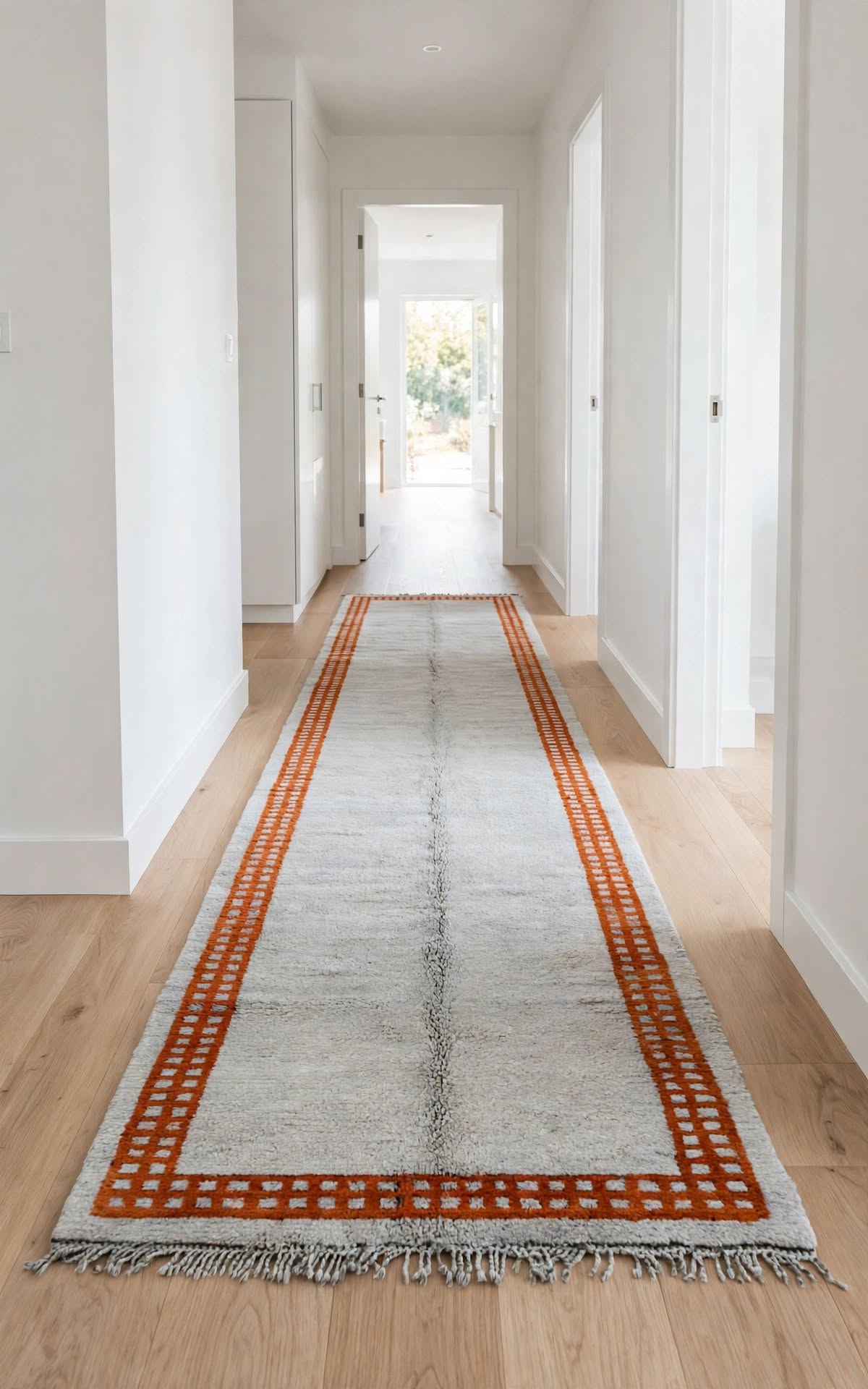 Cream Ivory Moroccan Berber Wool Rug with Sunset Orange Border, handmade in Bhadohi India – photo 13
