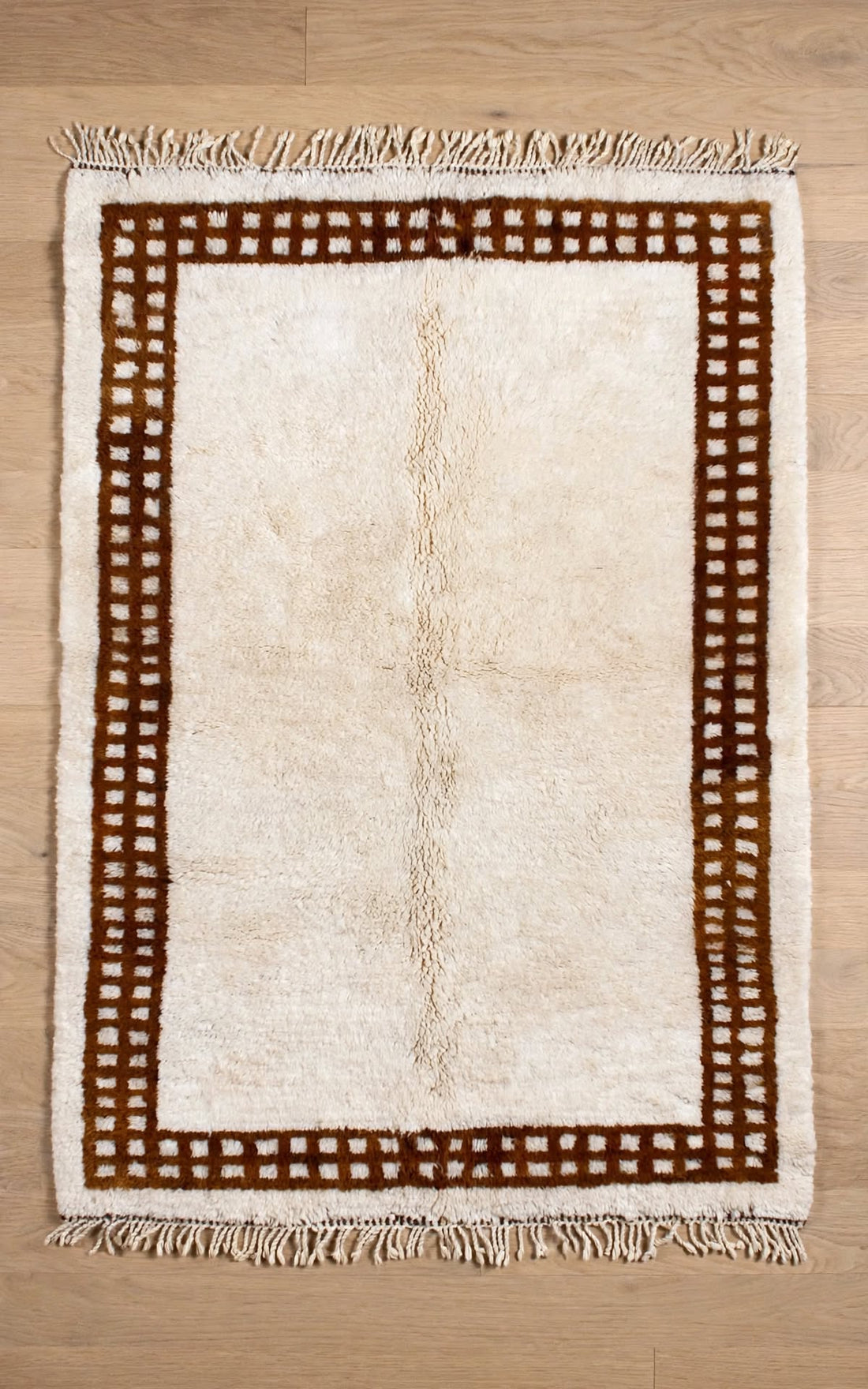 Cream Ivory Moroccan Berber Wool Rug with Terracotta Rust Border – Design 2, handmade in Bhadohi India – photo 6