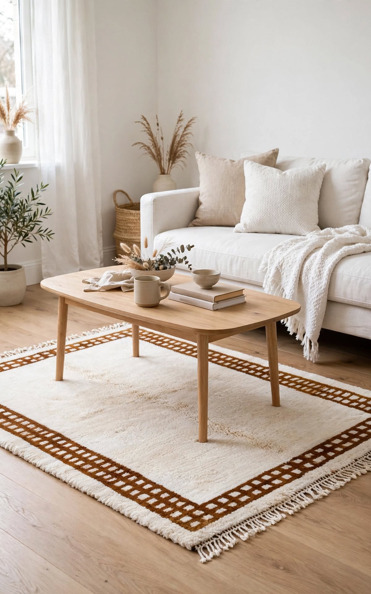 Cream Ivory Moroccan Berber Wool Rug with Terracotta Rust Border – Design 2, handmade in Bhadohi India – photo 1
