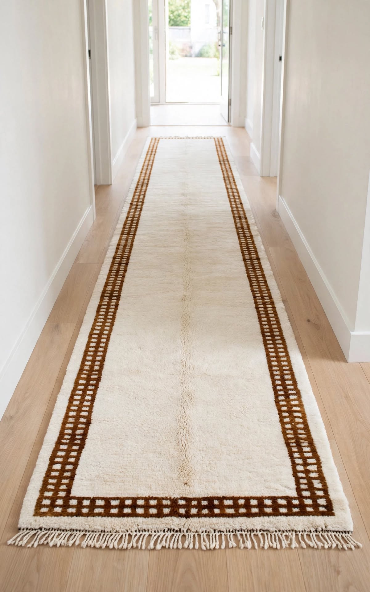 Cream Ivory Moroccan Berber Wool Rug with Terracotta Rust Border – Design 2, handmade in Bhadohi India – photo 9