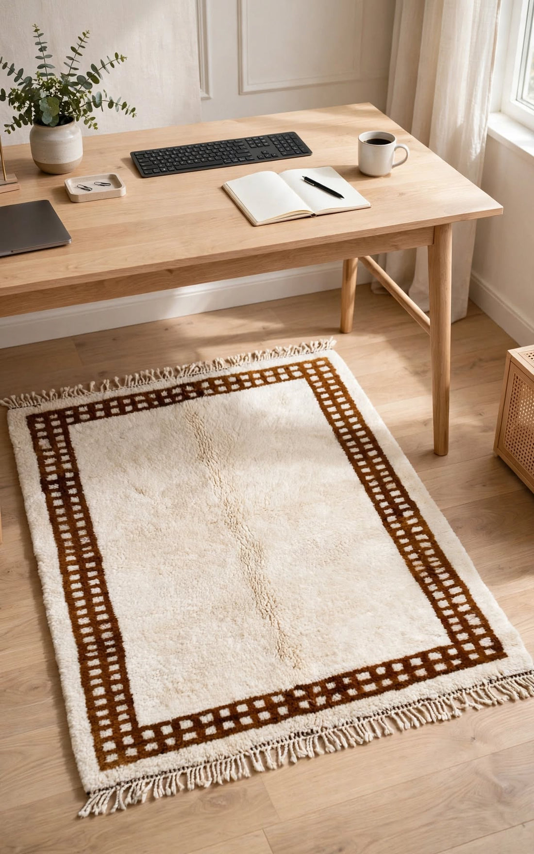 Cream Ivory Moroccan Berber Wool Rug with Terracotta Rust Border – Design 2, handmade in Bhadohi India – photo 10