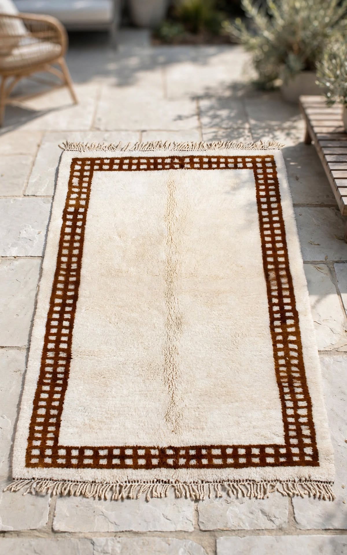 Cream Ivory Moroccan Berber Wool Rug with Terracotta Rust Border – Design 2, handmade in Bhadohi India – photo 11
