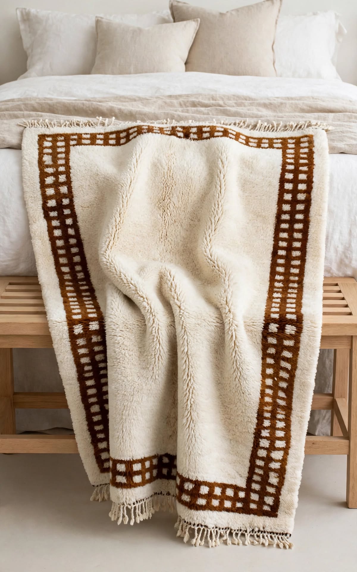 Cream Ivory Moroccan Berber Wool Rug with Terracotta Rust Border – Design 2, handmade in Bhadohi India – photo 13