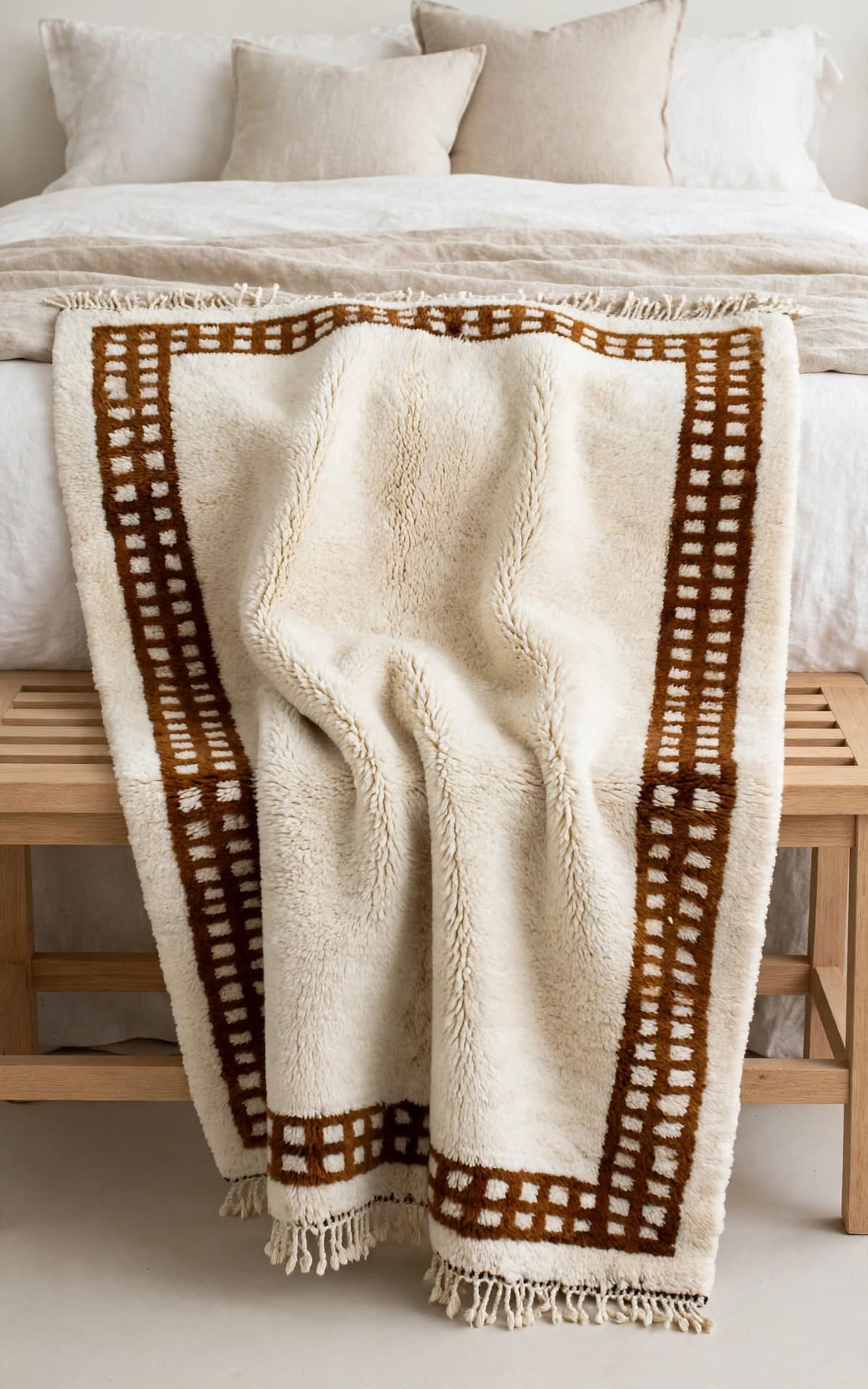 Cream Ivory Moroccan Berber Wool Rug with Terracotta Rust Border – Design 2, handmade in Bhadohi India – photo 13