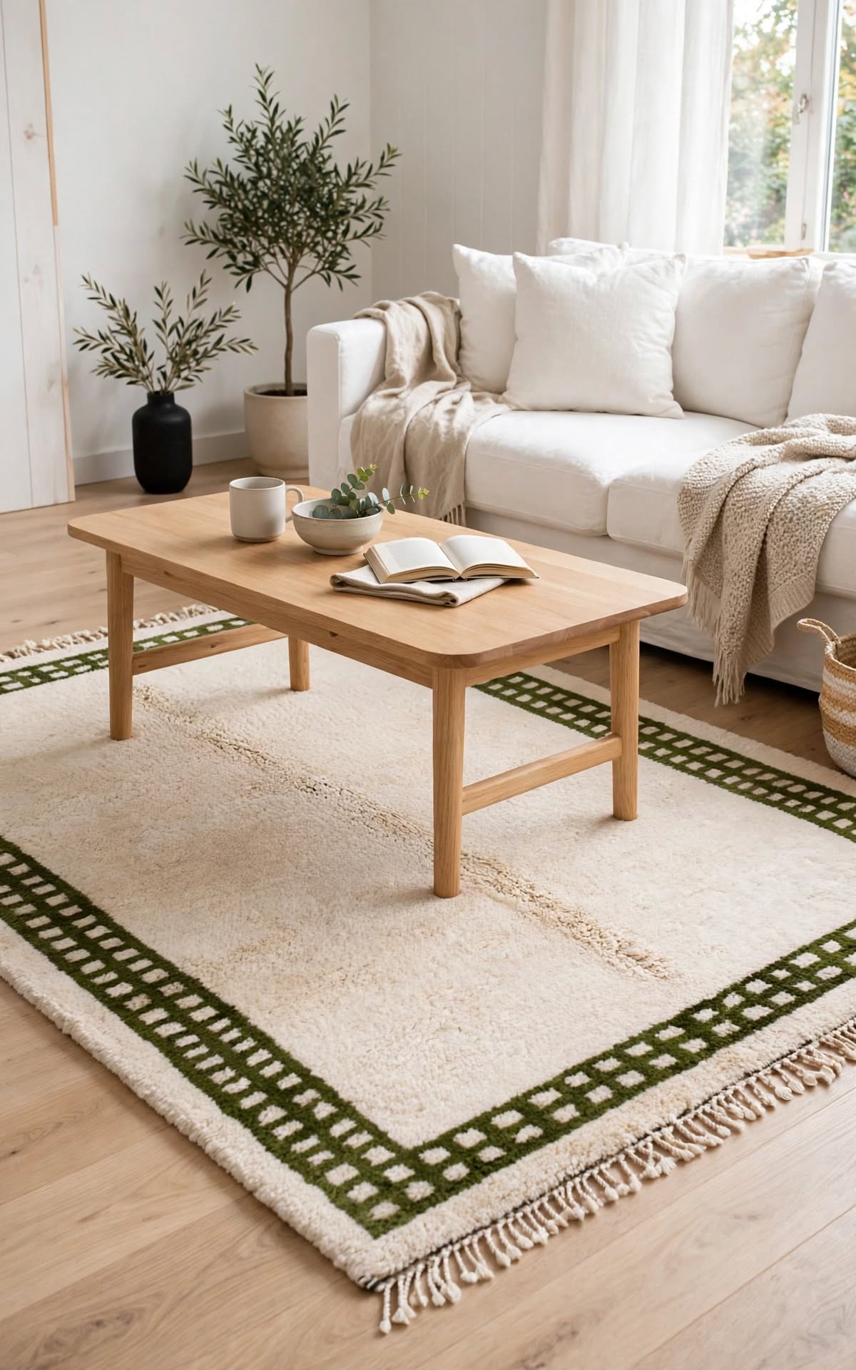 Cream Ivory Moroccan Berber Wool Rug with Dark Green Border, handmade in Bhadohi India – photo 6