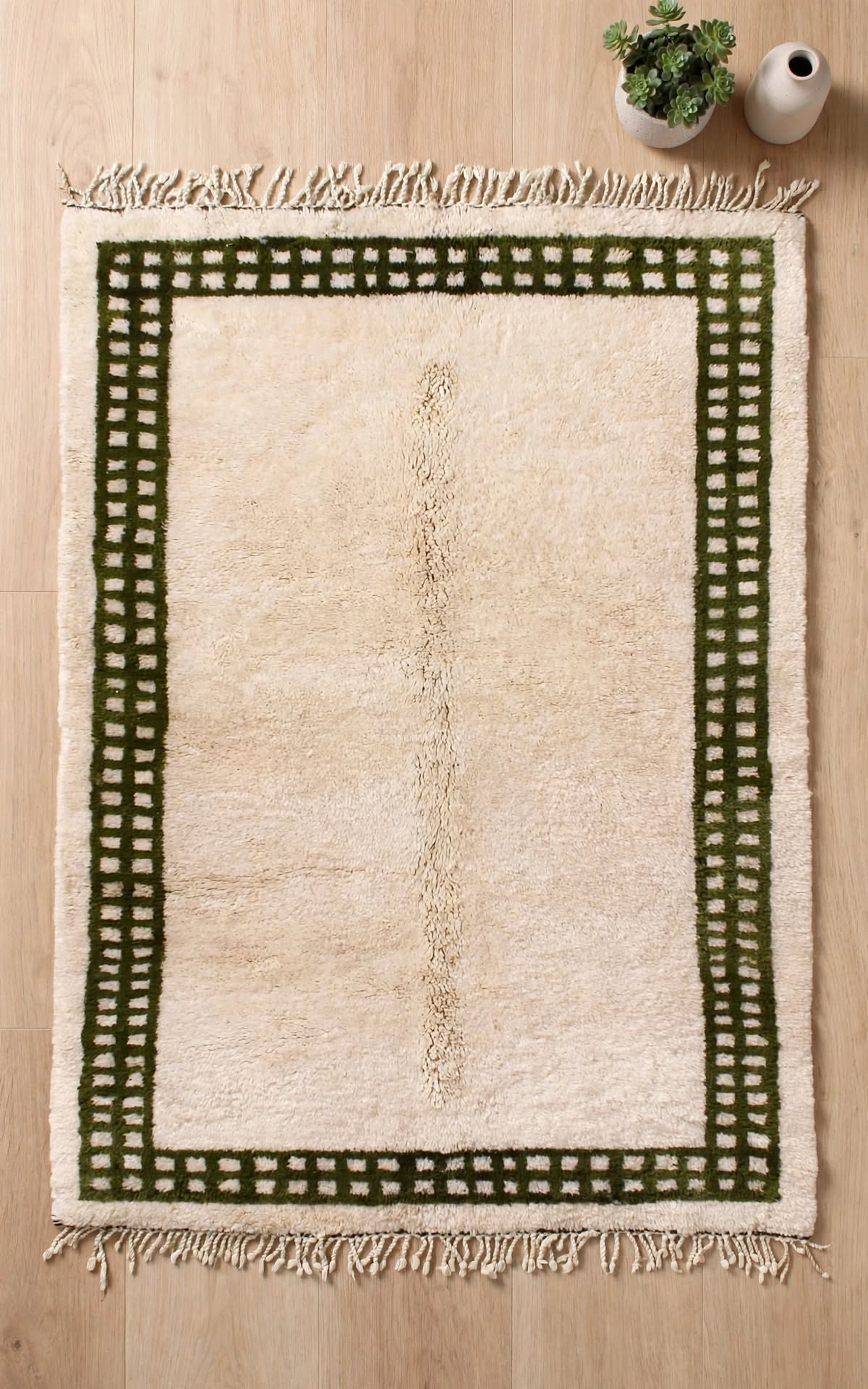 Cream Ivory Moroccan Berber Wool Rug with Dark Green Border, handmade in Bhadohi India – photo 8