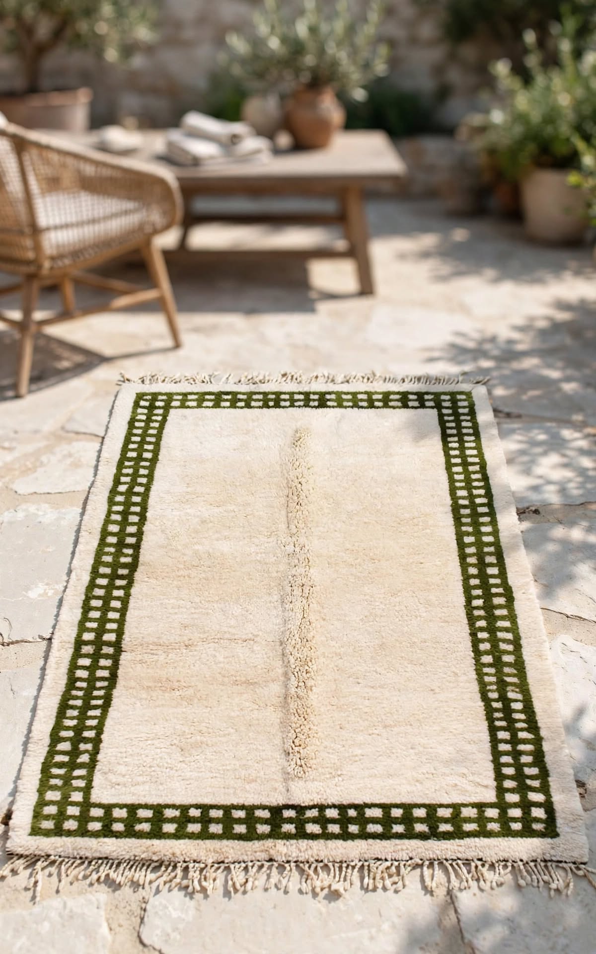 Cream Ivory Moroccan Berber Wool Rug with Dark Green Border, handmade in Bhadohi India – photo 9