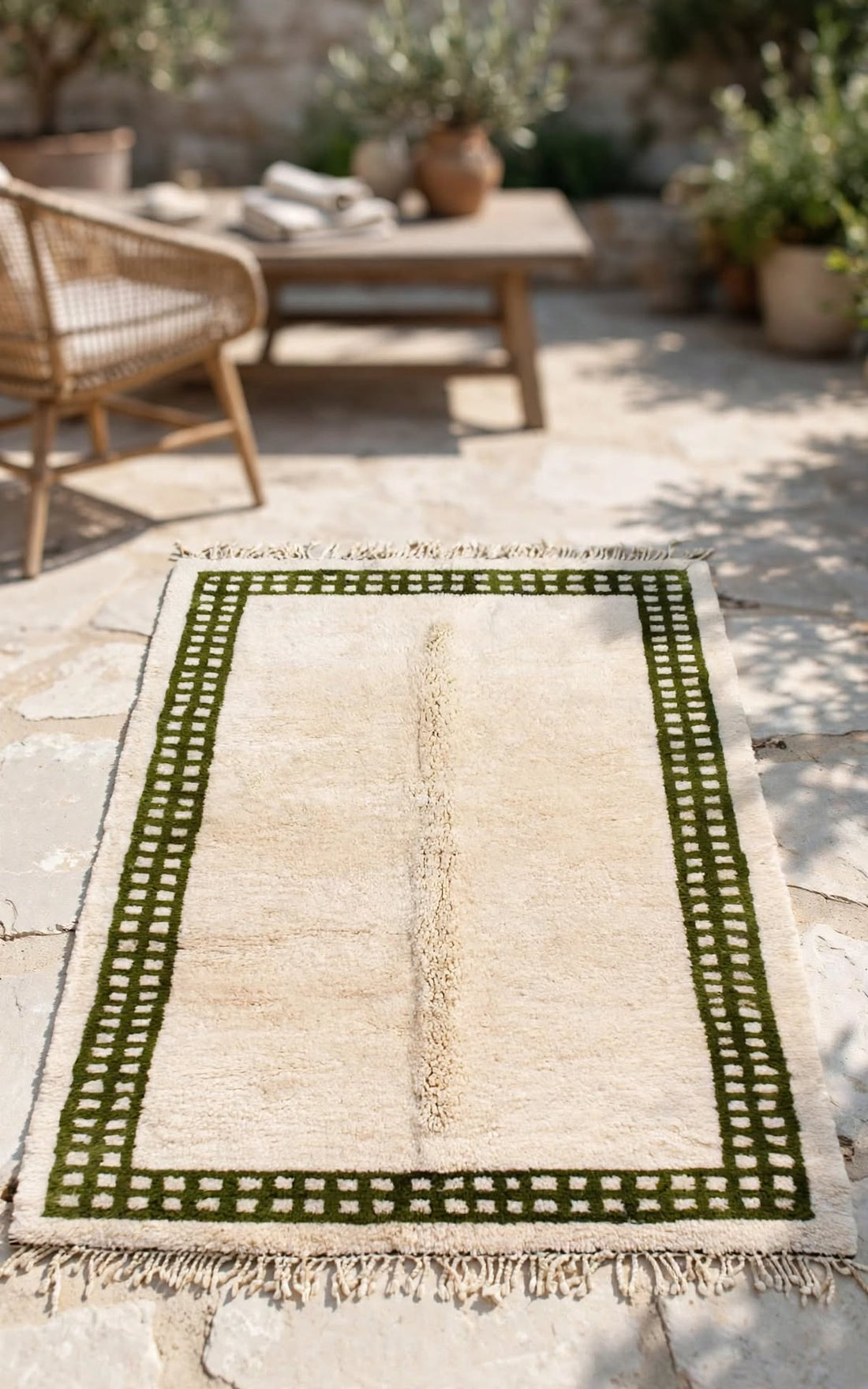 Cream Ivory Moroccan Berber Wool Rug with Dark Green Border, handmade in Bhadohi India – photo 9