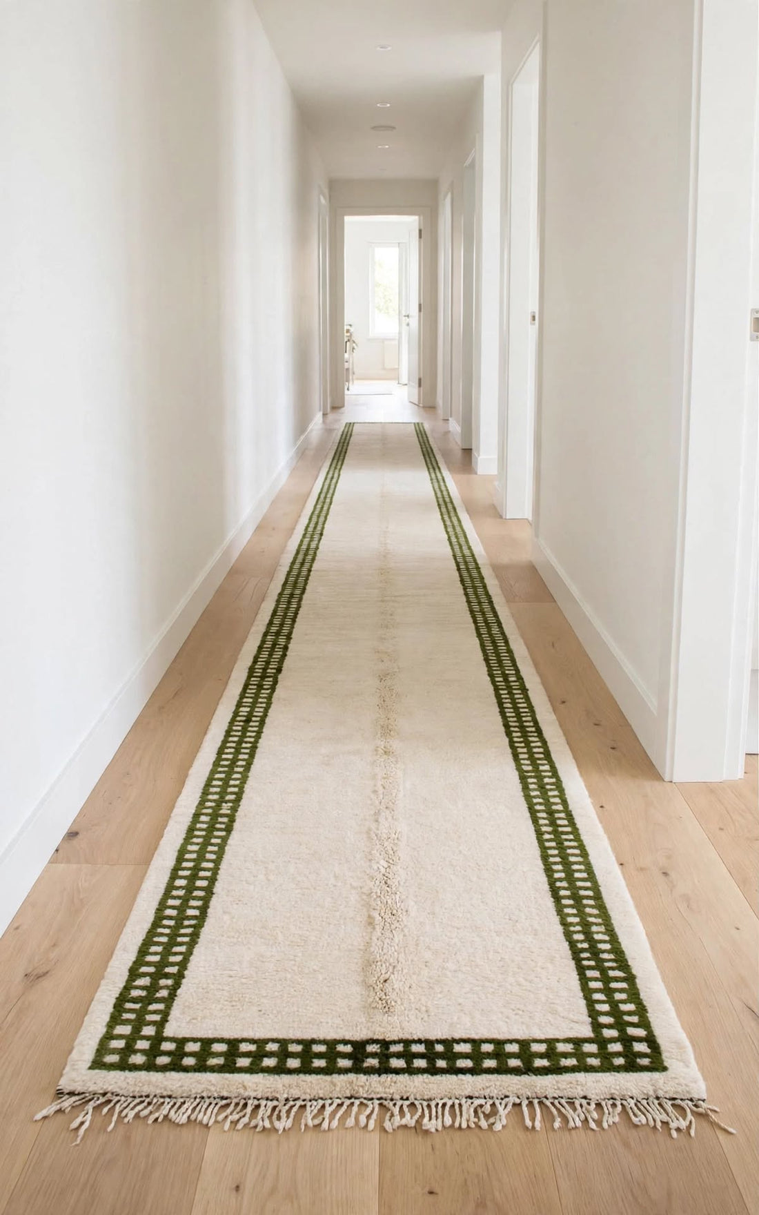 Cream Ivory Moroccan Berber Wool Rug with Dark Green Border, handmade in Bhadohi India – photo 10