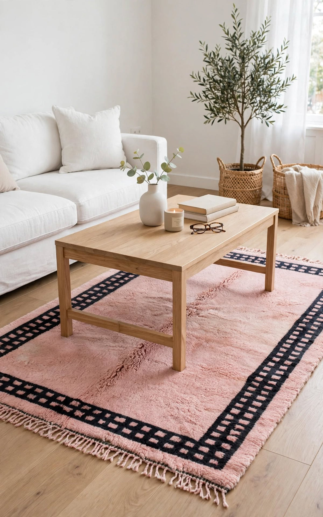 Cream Ivory Moroccan Berber Wool Rug with Dusty Rose Pink Border, handmade in Bhadohi India – photo 4