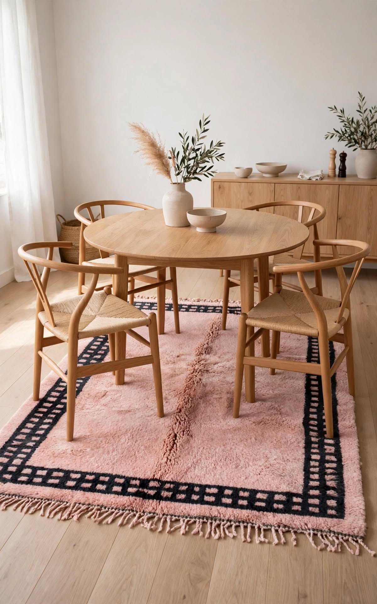 Cream Ivory Moroccan Berber Wool Rug with Dusty Rose Pink Border, handmade in Bhadohi India – photo 6