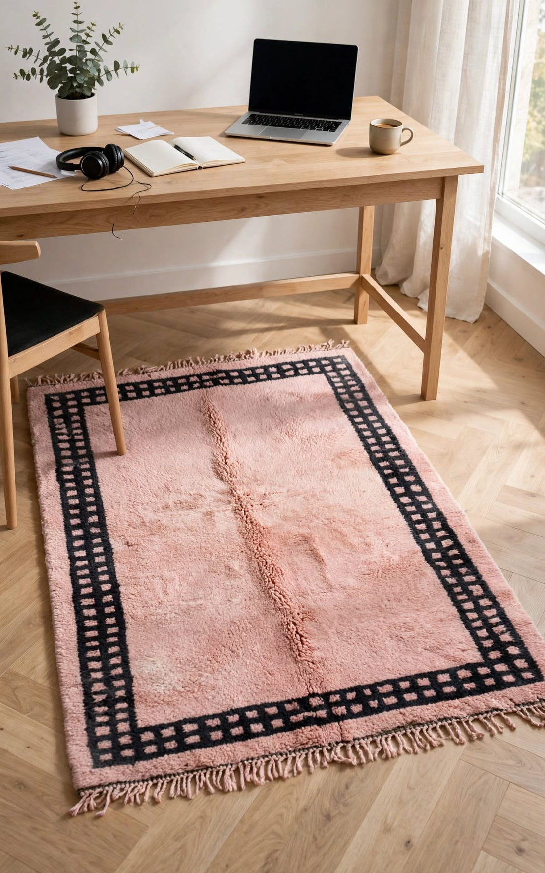 Cream Ivory Moroccan Berber Wool Rug with Dusty Rose Pink Border, handmade in Bhadohi India – photo 7