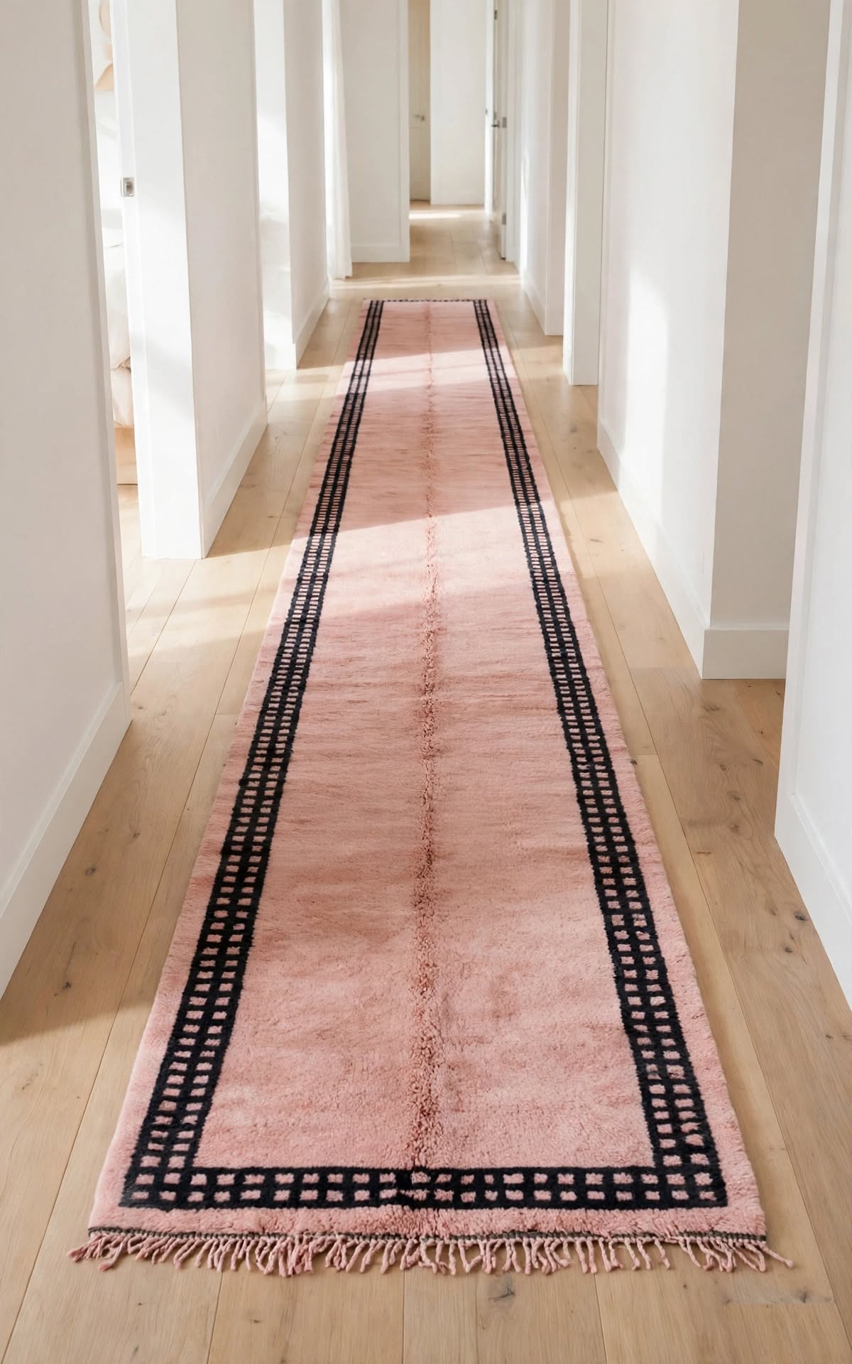 Cream Ivory Moroccan Berber Wool Rug with Dusty Rose Pink Border, handmade in Bhadohi India – photo 8