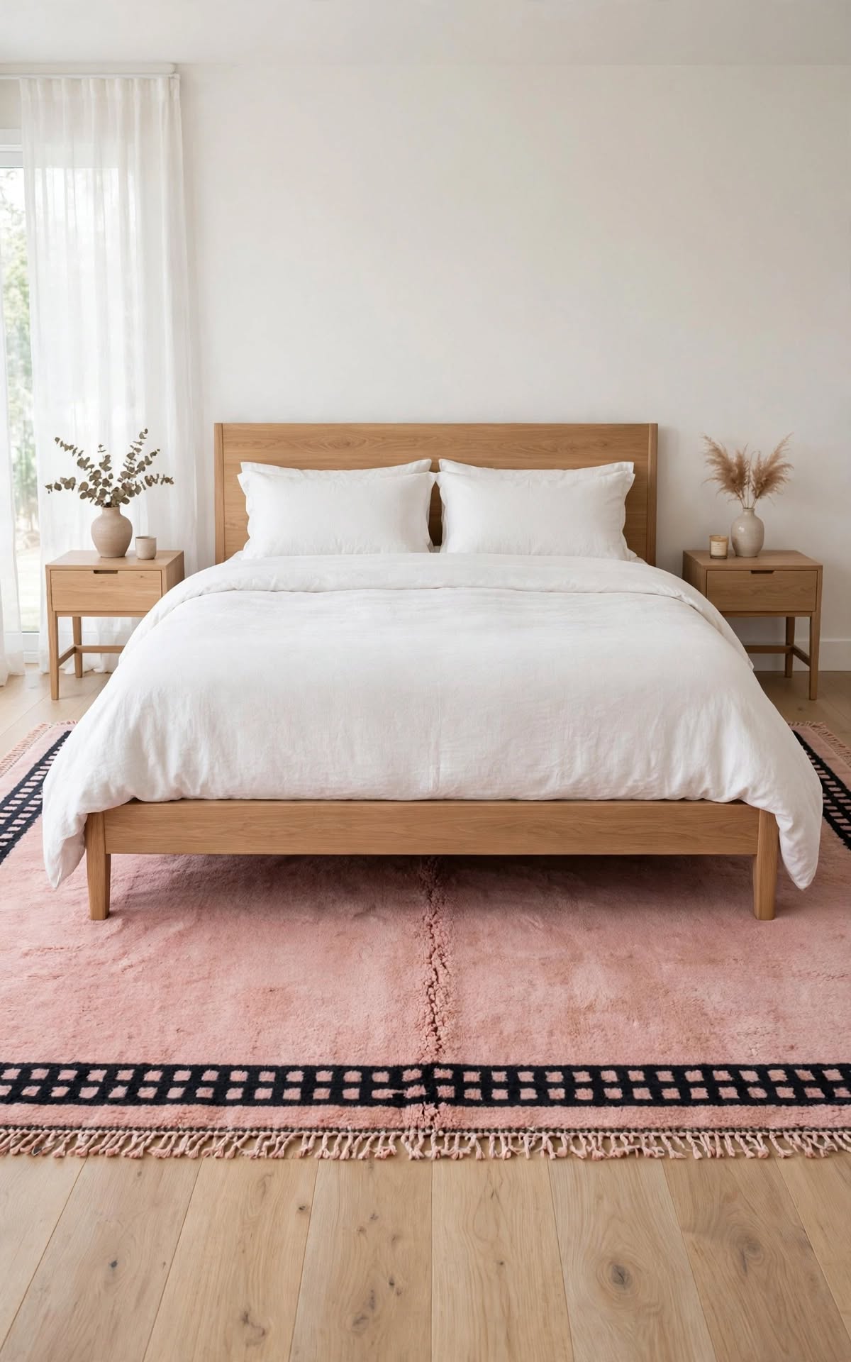 Cream Ivory Moroccan Berber Wool Rug with Dusty Rose Pink Border, handmade in Bhadohi India – photo 1