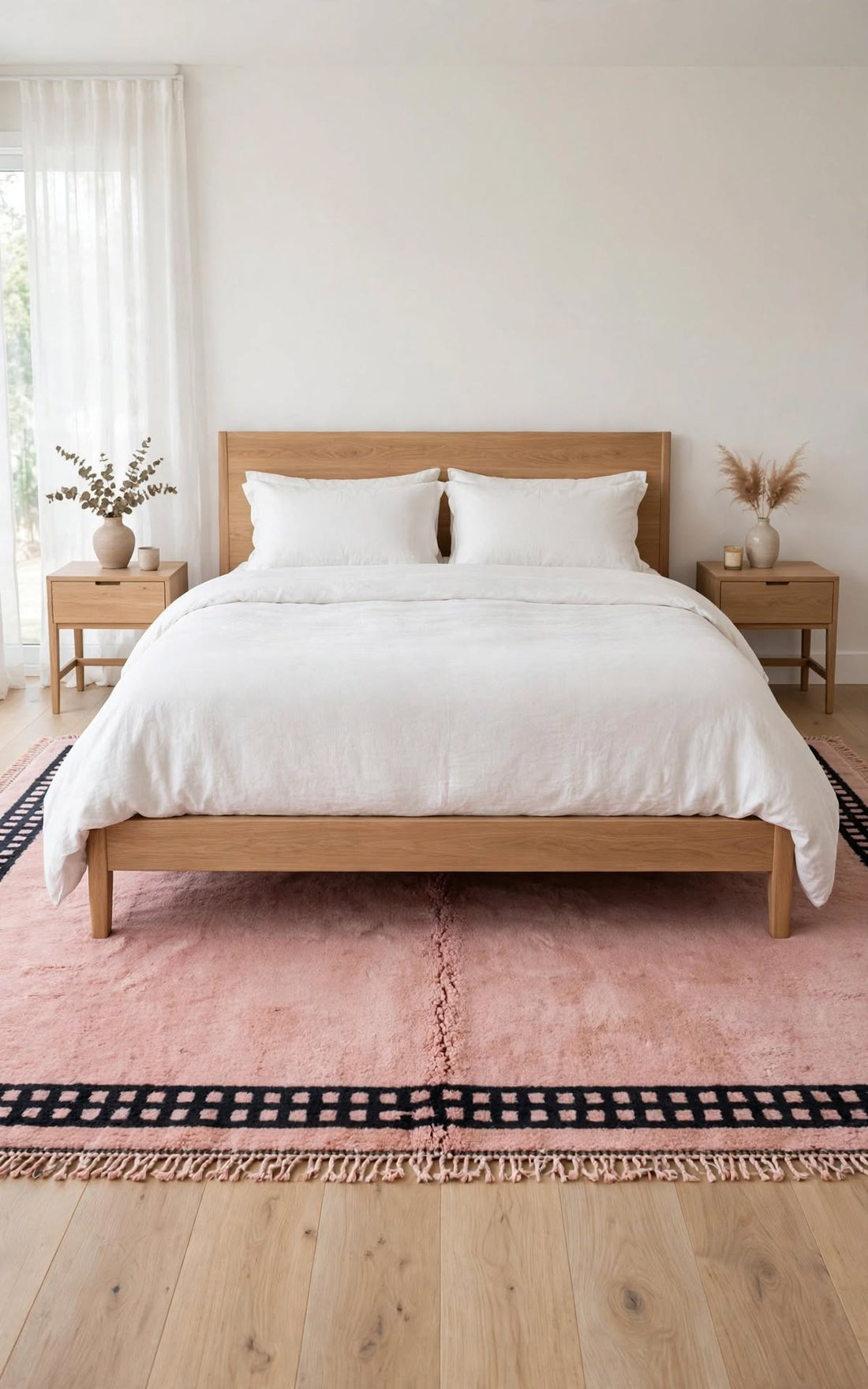 Cream Ivory Moroccan Berber Wool Rug with Dusty Rose Pink Border, handmade in Bhadohi India – photo 1
