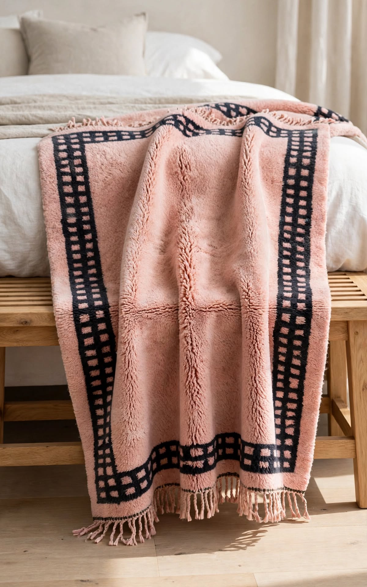 Cream Ivory Moroccan Berber Wool Rug with Dusty Rose Pink Border, handmade in Bhadohi India – photo 9