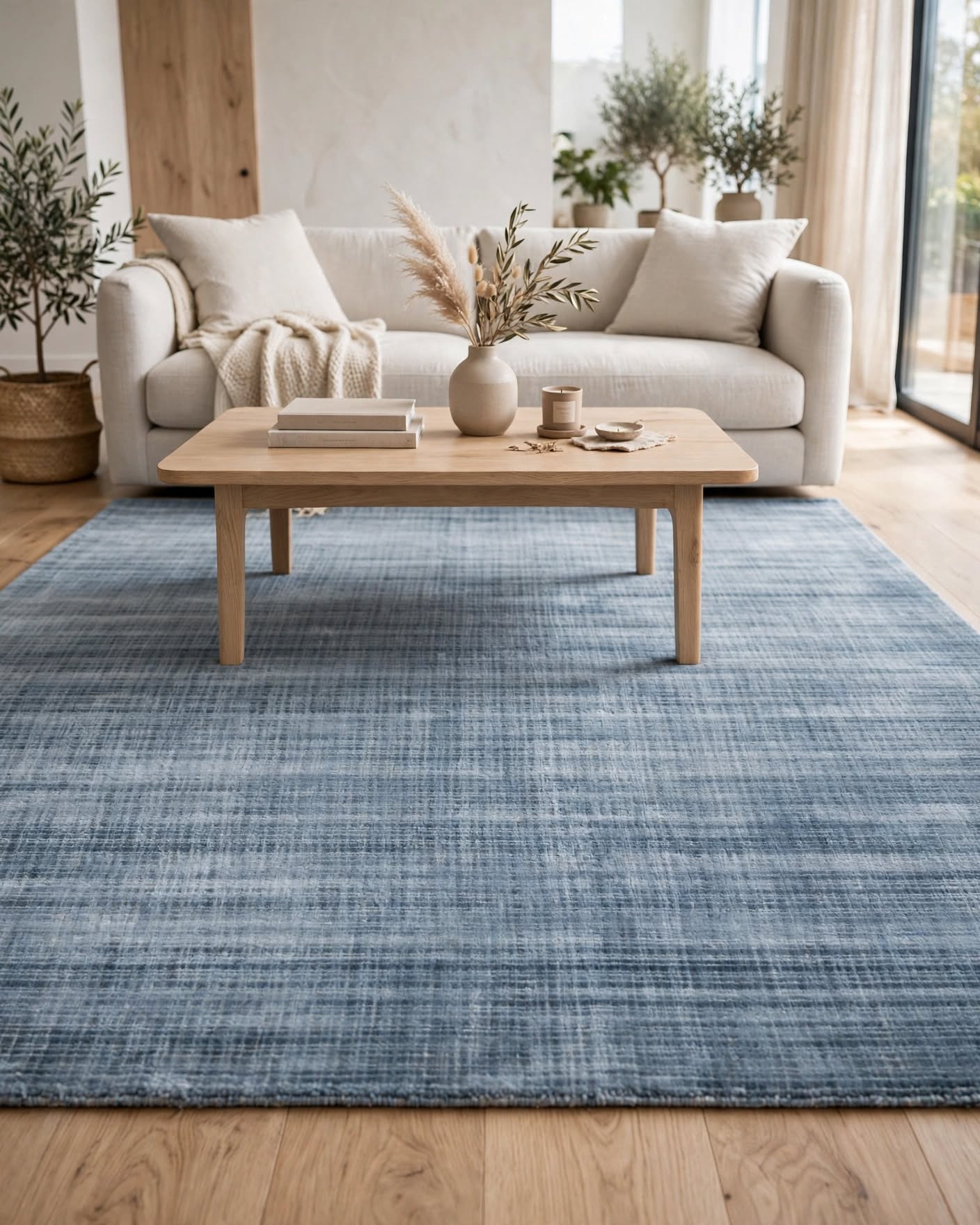 Blue Silky Viscose Rug – Design 2, handmade in Bhadohi India – photo 1