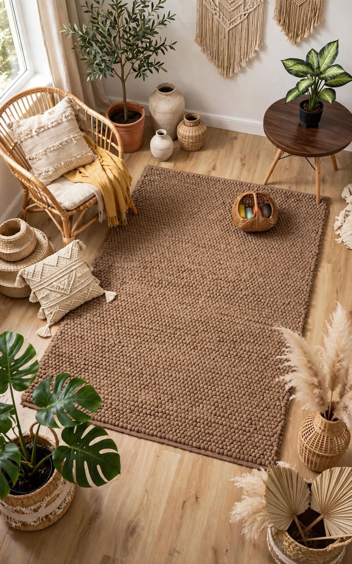 Oatmeal Beige Chunky Wool Area Rug, handmade in Bhadohi India – photo 4