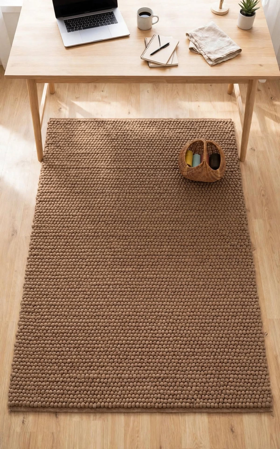 Oatmeal Beige Chunky Wool Area Rug, handmade in Bhadohi India – photo 12