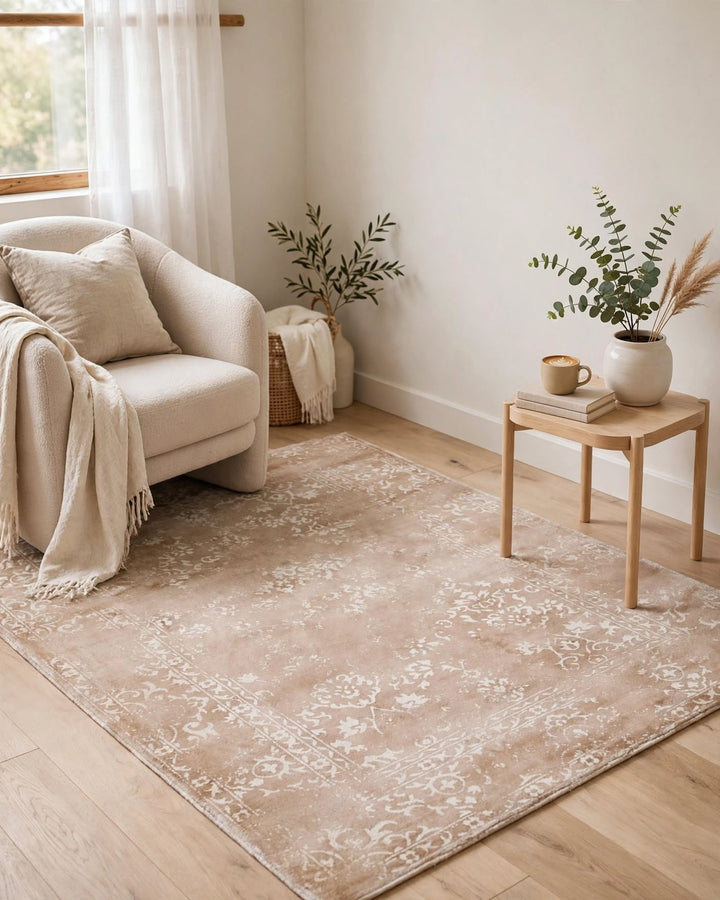 Pink and White Silky Viscose Rug, handmade in Bhadohi India – photo 2