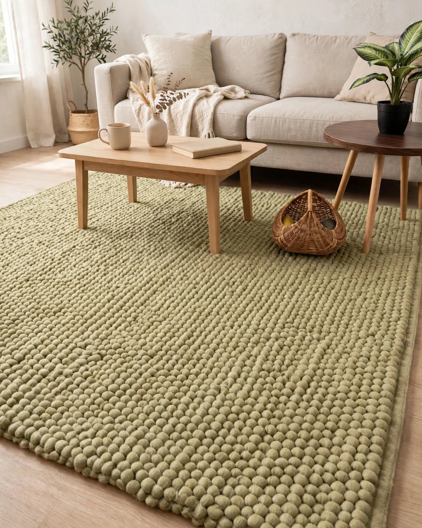 Sage Green Chunky Wool Area Rug, handmade in Bhadohi India – a large textured area rug in a muted sage green color, styled in a bright,