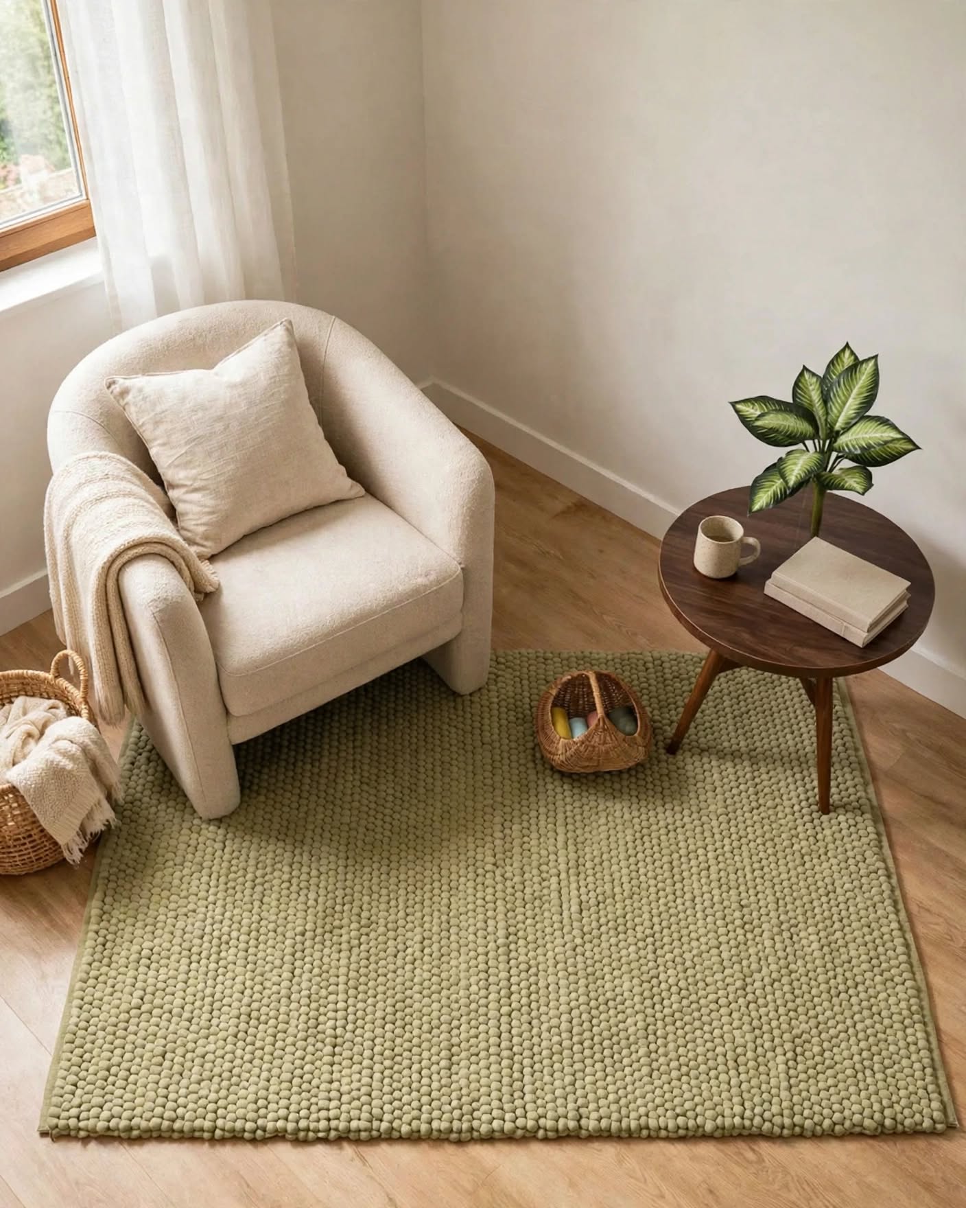 Sage Green Chunky Wool Area Rug, handmade in Bhadohi India – photo 4