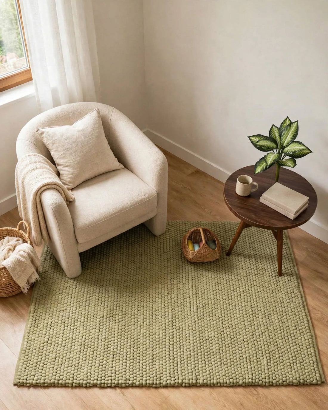 Sage Green Chunky Wool Area Rug, handmade in Bhadohi India – photo 4