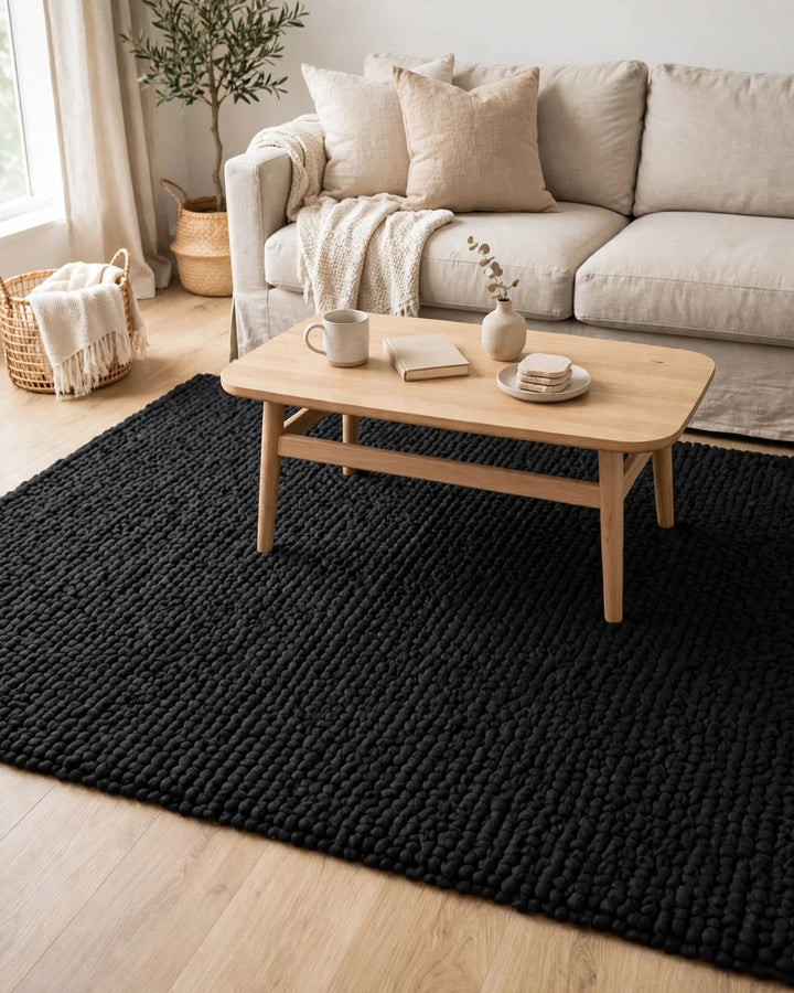 Charcoal Black Chunky Wool Area Rug, handmade in Bhadohi India – a large black braided area rug in a bright, modern living room setting with a