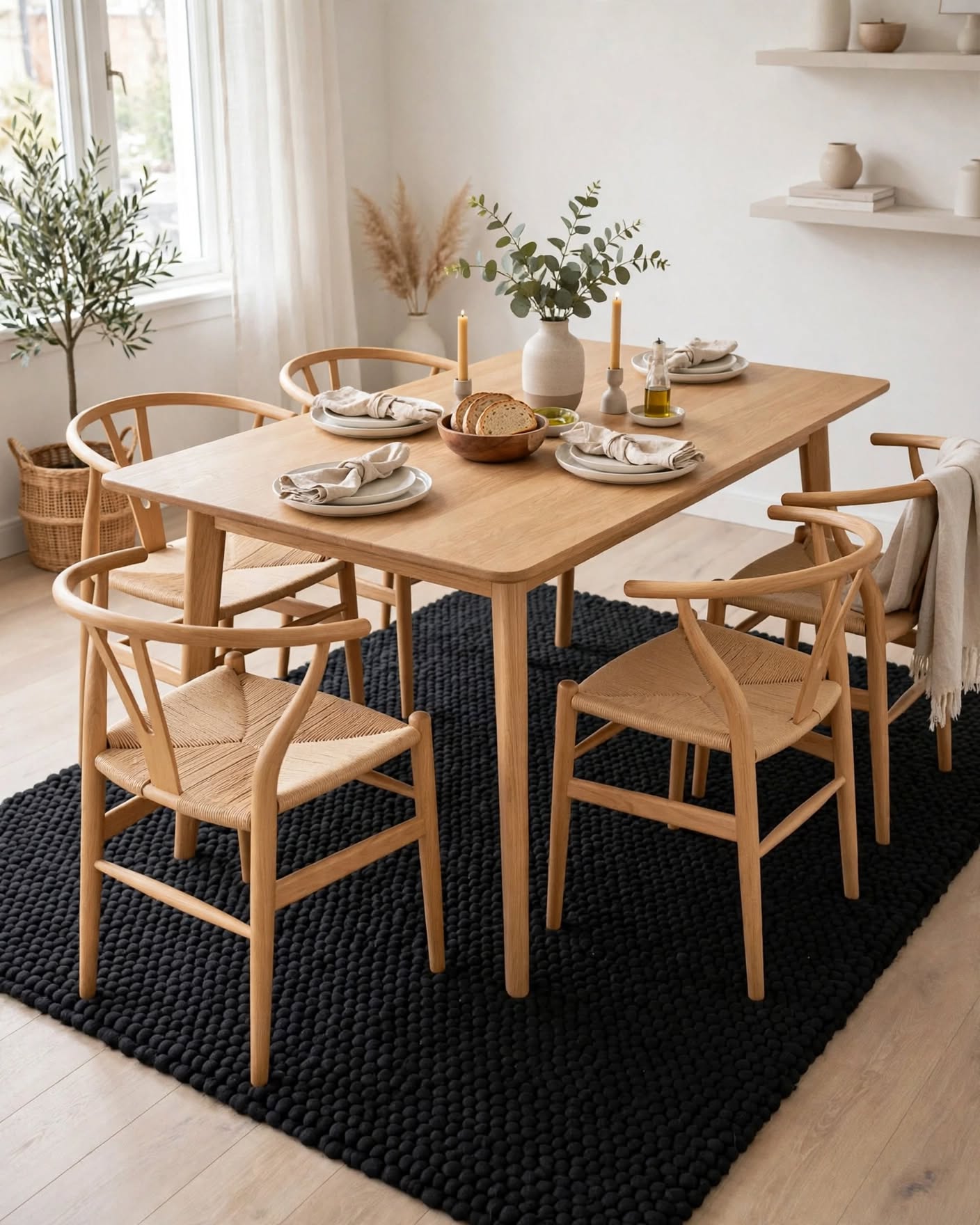 Charcoal Black Chunky Wool Area Rug, handmade in Bhadohi India – a light natural wood dining table with six matching wooden chairs, styled on a