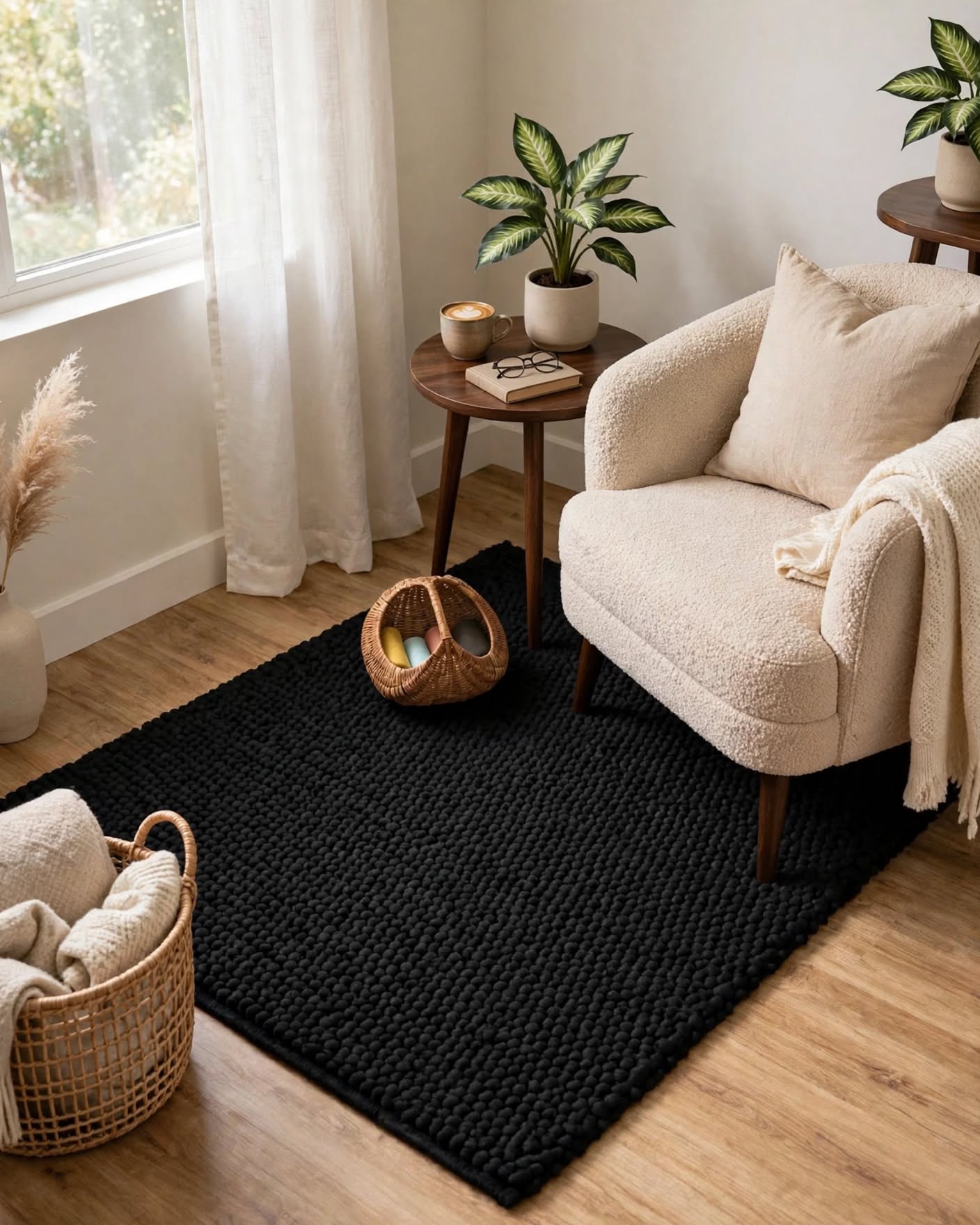 Charcoal Black Chunky Wool Area Rug, handmade in Bhadohi India – a black textured woven area rug styled in a bright, modern living room corner