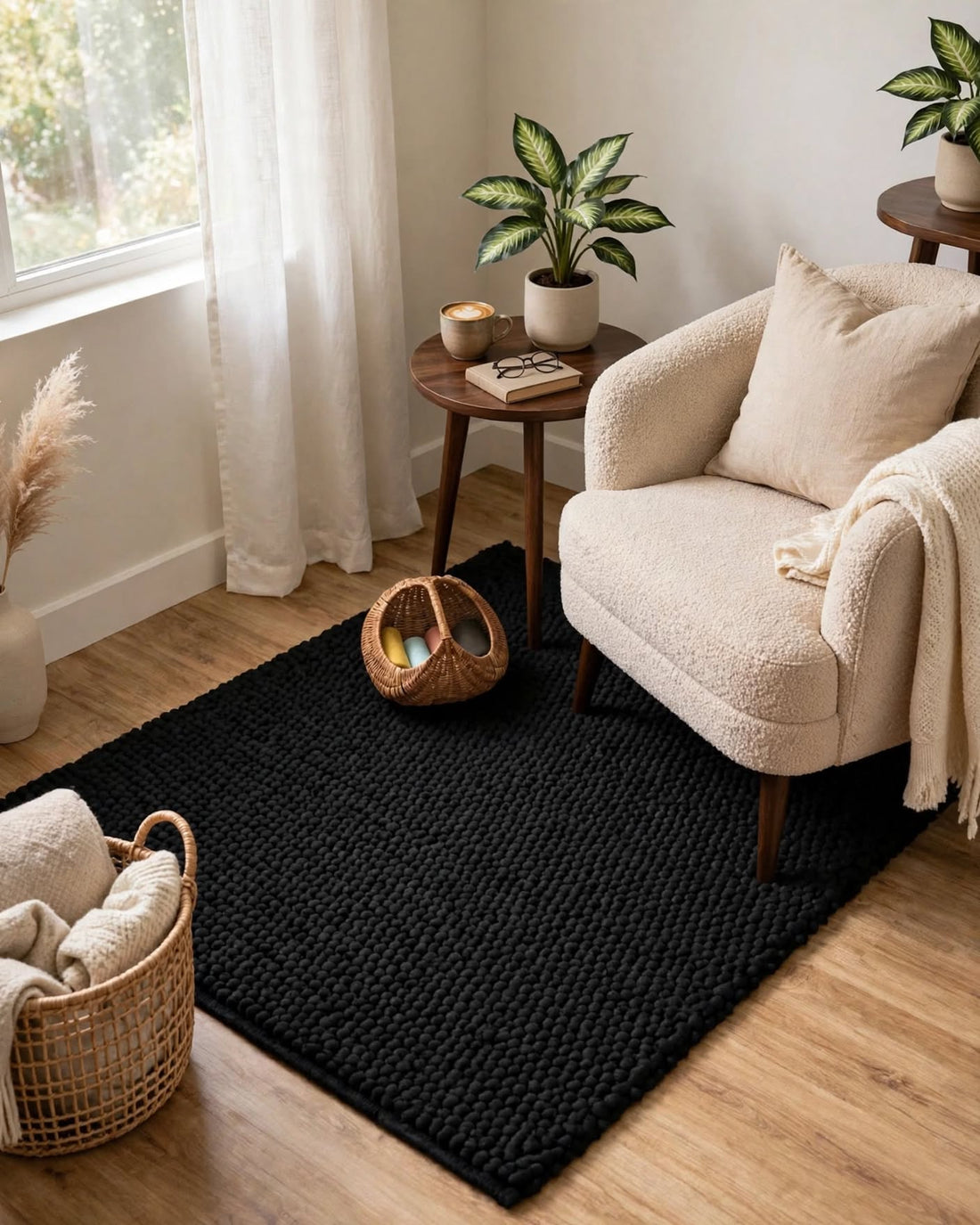 Charcoal Black Chunky Wool Area Rug, handmade in Bhadohi India – a black textured woven area rug styled in a bright, modern living room corner