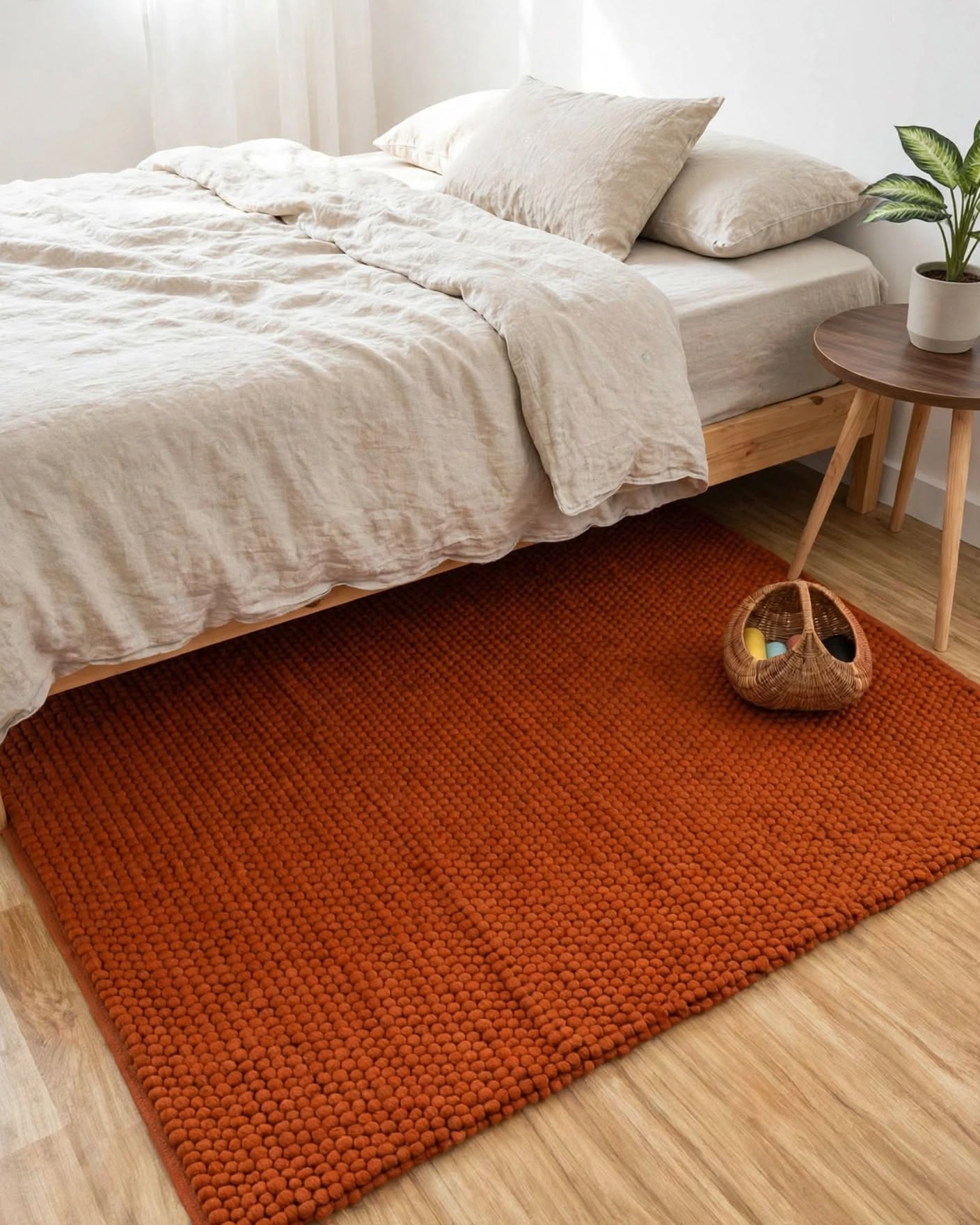 Terracotta Rust Chunky Wool Area Rug, handmade in Bhadohi India – a chunky knit area rug in a warm rust orange color, styled on a light wood
