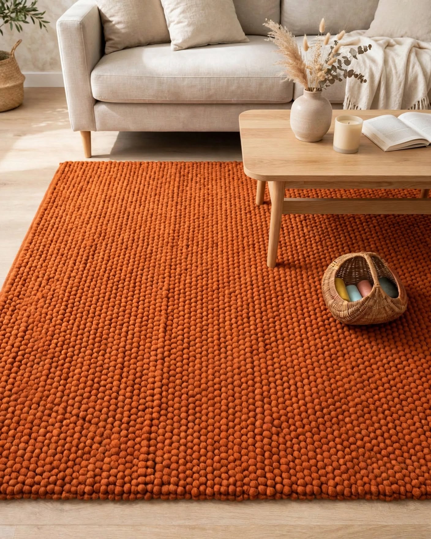 Terracotta Rust Chunky Wool Area Rug, handmade in Bhadohi India – a large textured orange area rug in a modern living room setting, styled with a