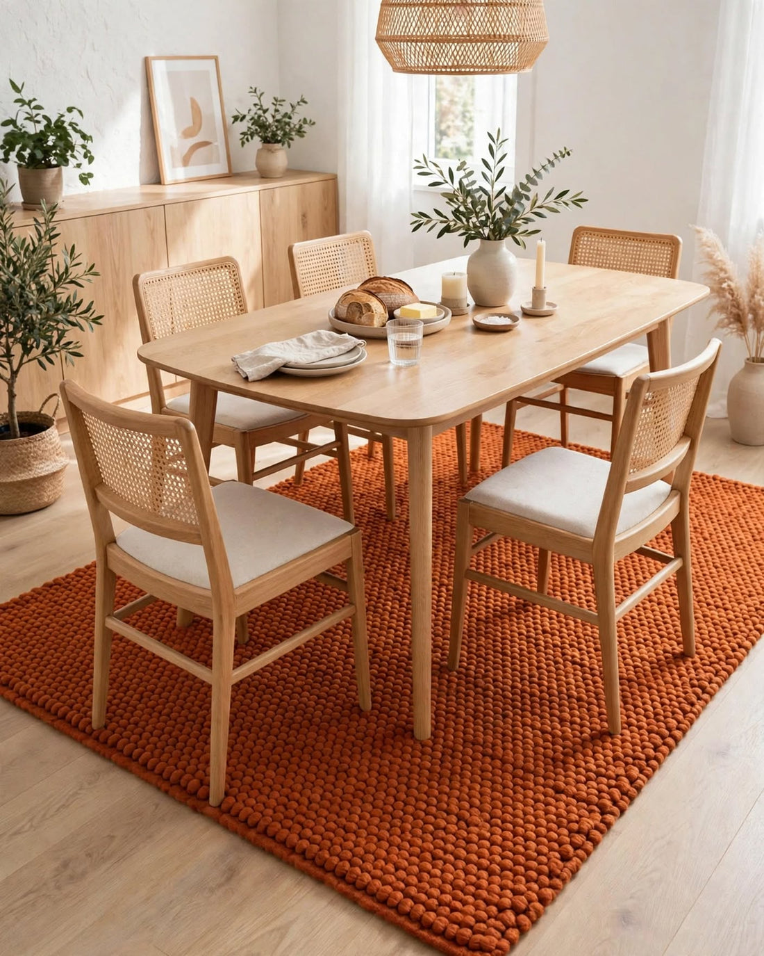 Terracotta Rust Chunky Wool Area Rug, handmade in Bhadohi India – a light wood dining table with six woven-back chairs and white seat cushions,