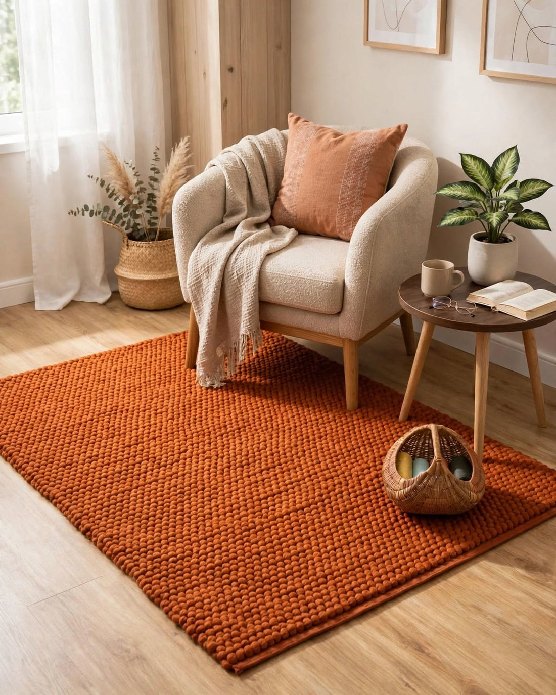 Terracotta Rust Chunky Wool Area Rug, handmade in Bhadohi India – a large, chunky woven area rug in a warm rust orange color, styled in a cozy,