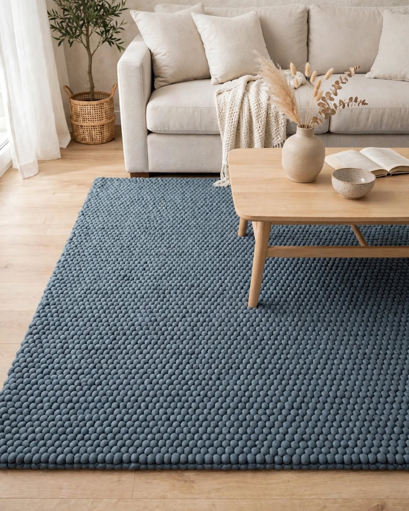 Denim Blue Chunky Wool Area Rug, handmade in Bhadohi India – a textured blue area rug laid on a light wood floor in a bright living room,
