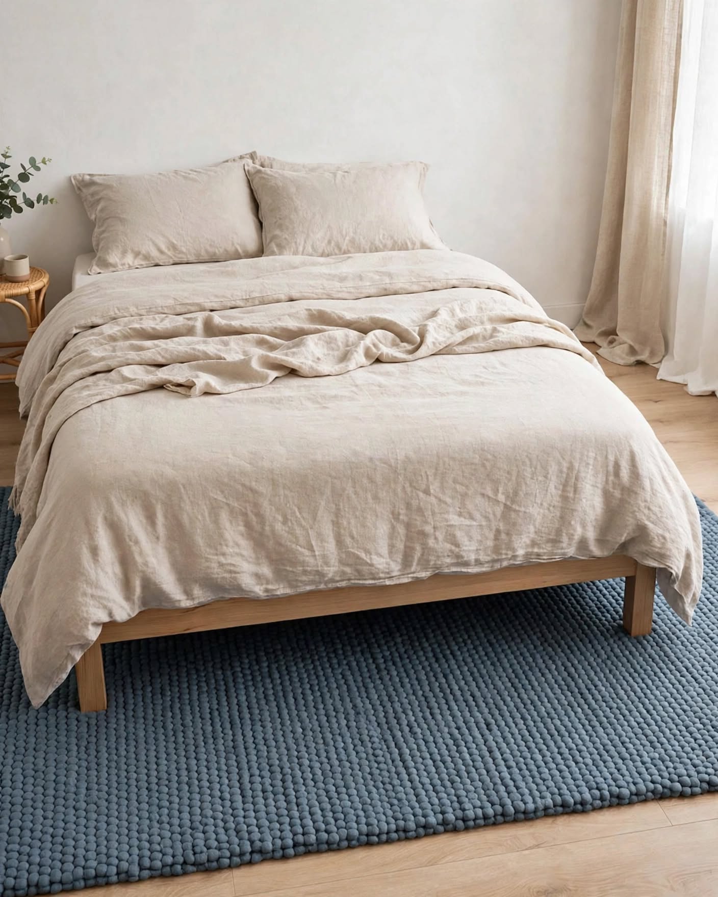 Denim Blue Chunky Wool Area Rug, handmade in Bhadohi India – a neatly made bed with light beige linen bedding, including a duvet cover and