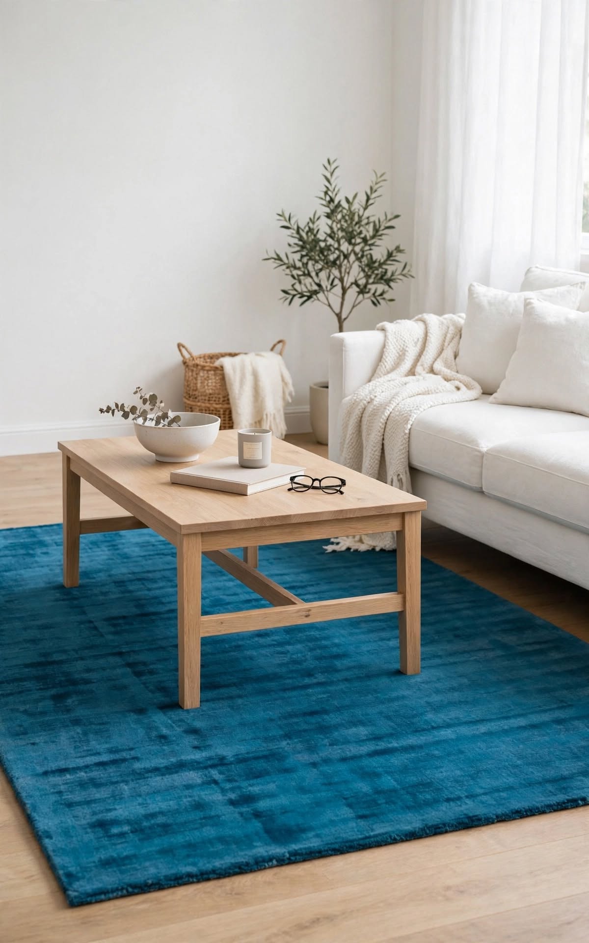Blue Silky Viscose Rug, handmade in Bhadohi India – a modern living room scene featuring a light natural wood coffee table placed